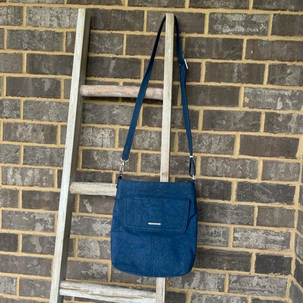 TRAVELON RFID Anti-Theft Travel Crossbody Bag Locking Zippers Blue Tonal